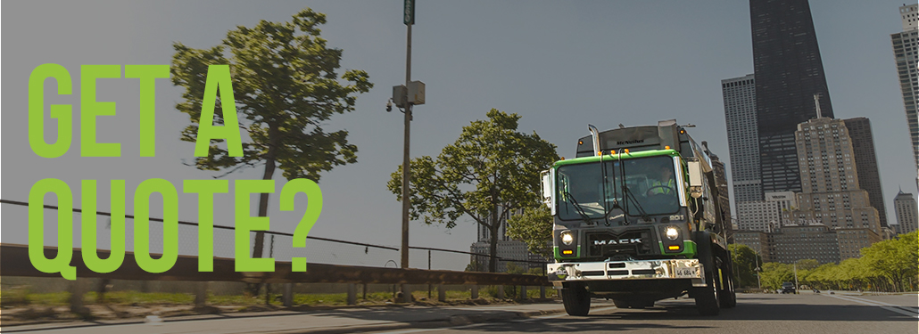 A trash truck driving on the road with the Chicago skyline in the background and the words Free Quote on the left side of the image.