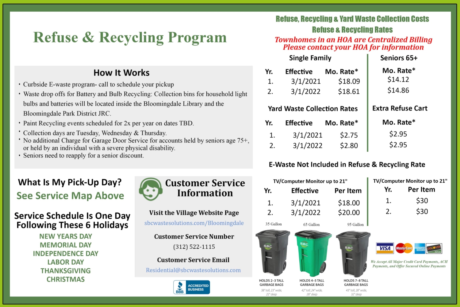Bloomingdale resident information card for waste and recycling